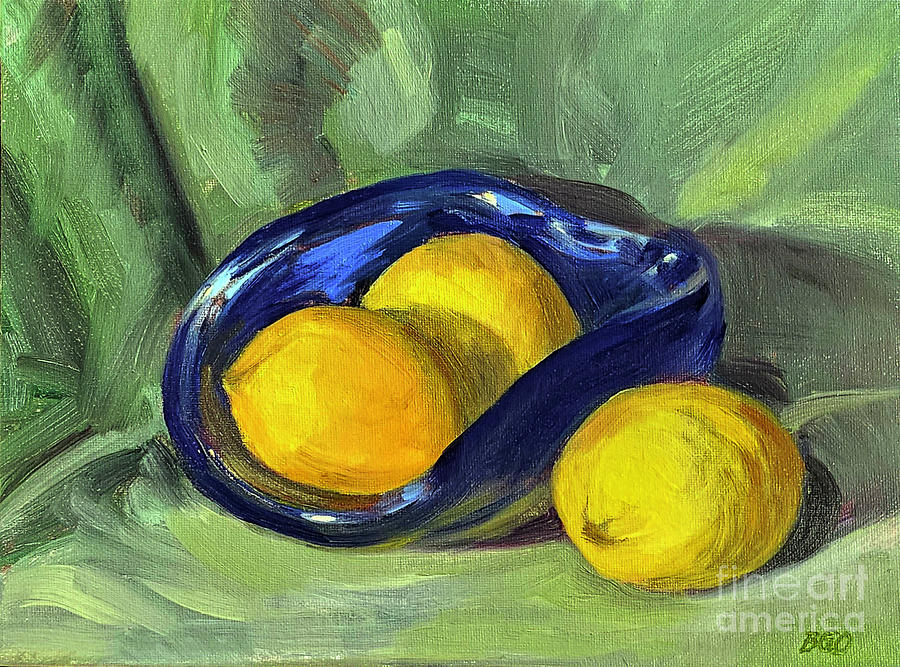 Lemons in Blue Bowl Painting by Barbara Oertli