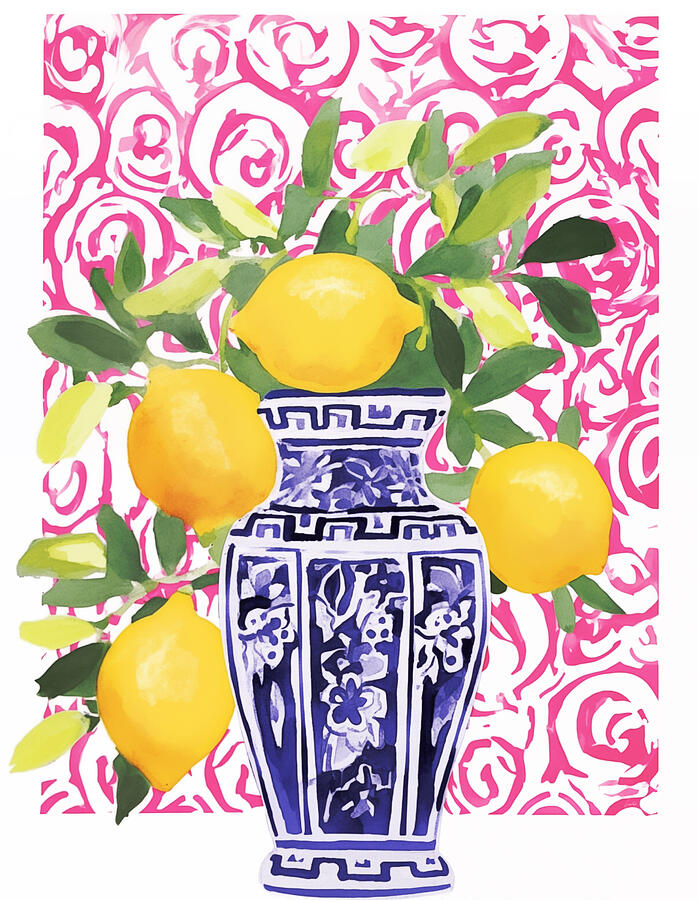 Lemons in Chinoiserie with Pink Swirl Wallpaper Painting by Kimberly ...