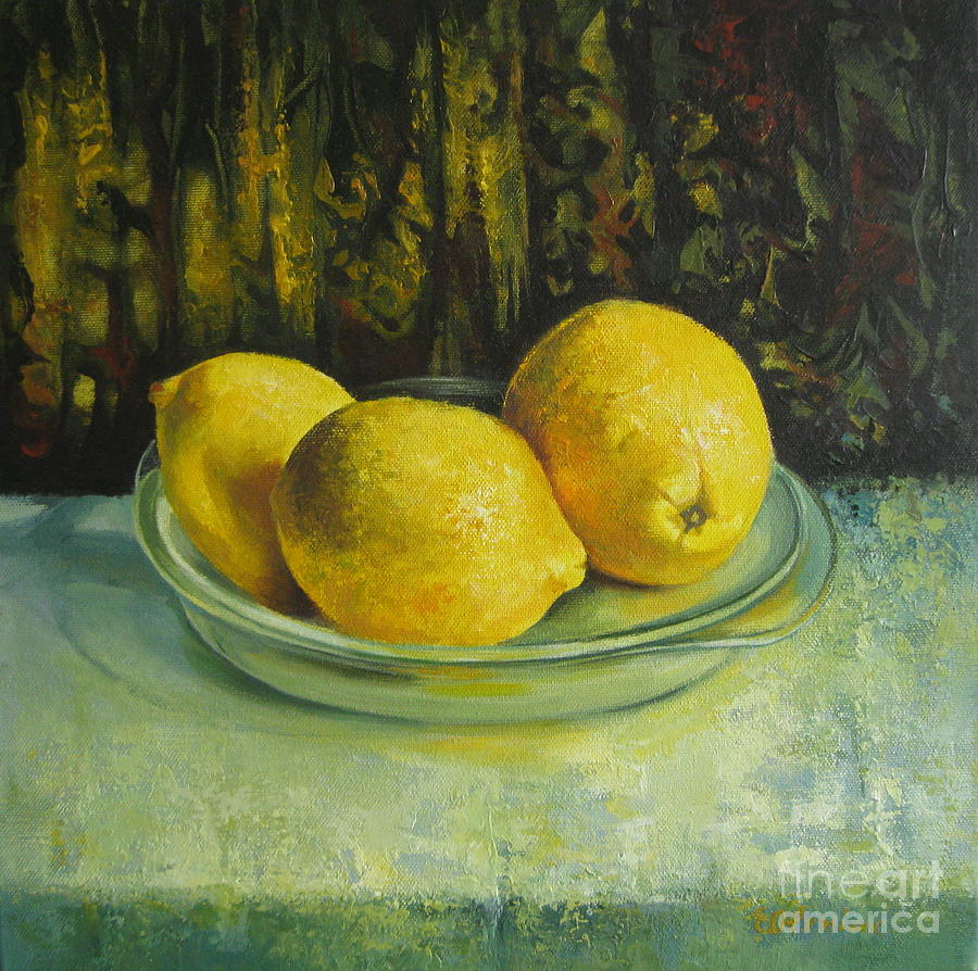 Lemons in glass plate Painting by Elena Oleniuc