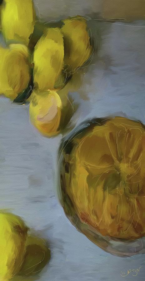 Lemons Peaches and Pie sitting on a marbles countertop in the kitchen. Food art. Kitchen art. Pie. Painting by MendyZ
