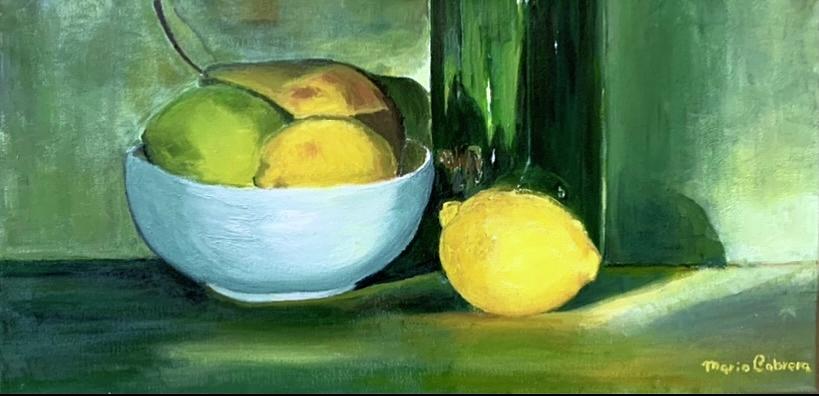Lemons, pear and botle . Painting by Mario Cabrera