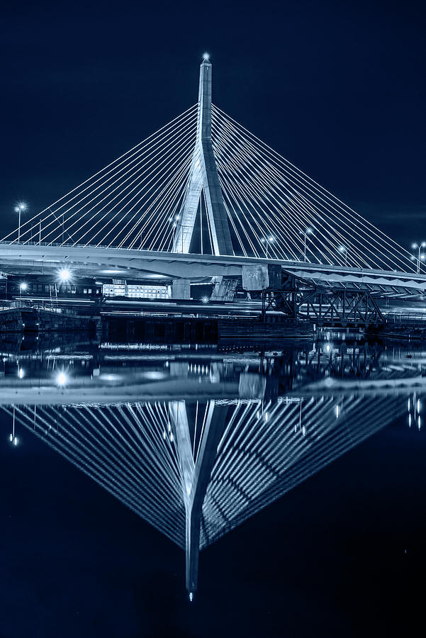 Lenny Zakiim Bridge Clear Reflection Charles River Boston MA Monochrome Blue Nights Photograph by Toby McGuire