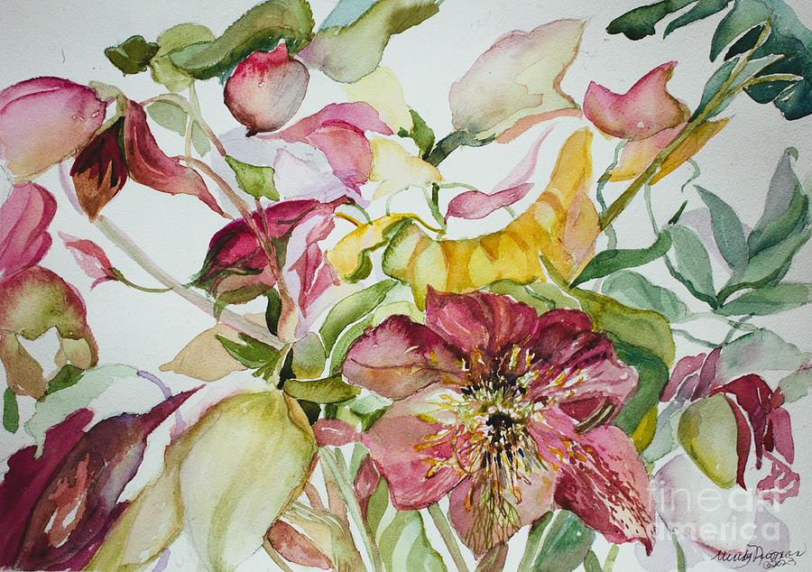 Lenten Roses and their falling petals Painting by Mindy Newman