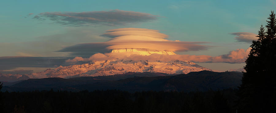 Lenticular Clouds At Sunset On Mt. Rainier Photograph