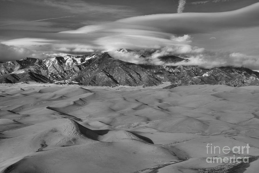 Lenticular Clouds Over Rolling Sand Dunes Black And White Photograph by Adam Jewell