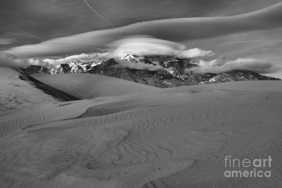 Lenticular Clouds Over The Sangre De Cristo Mountains Black And White Photograph by Adam Jewell