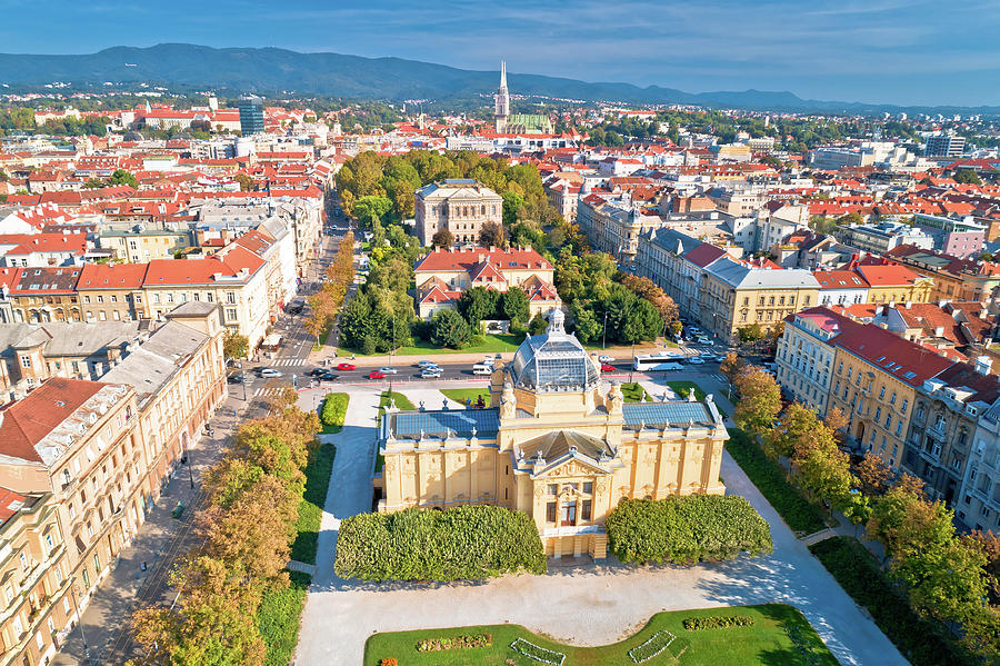Lenuci Horseshoe parks and Zagreb landmarks aerial panoramic vie Photograph by Brch Photography