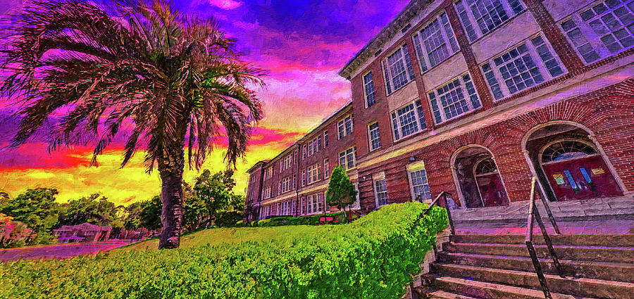 Leon High School in Tallahassee, Florida, at sunset - digital painting Digital Art by Nicko Prints