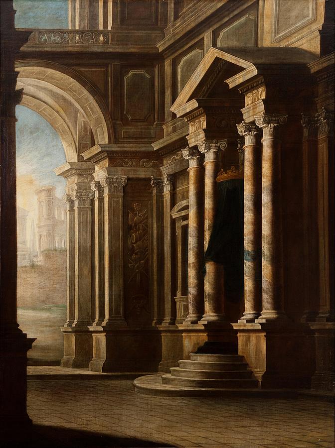Vintage Painting - Leonardo Coccorante - View of the Interior of a Building by Les Classics