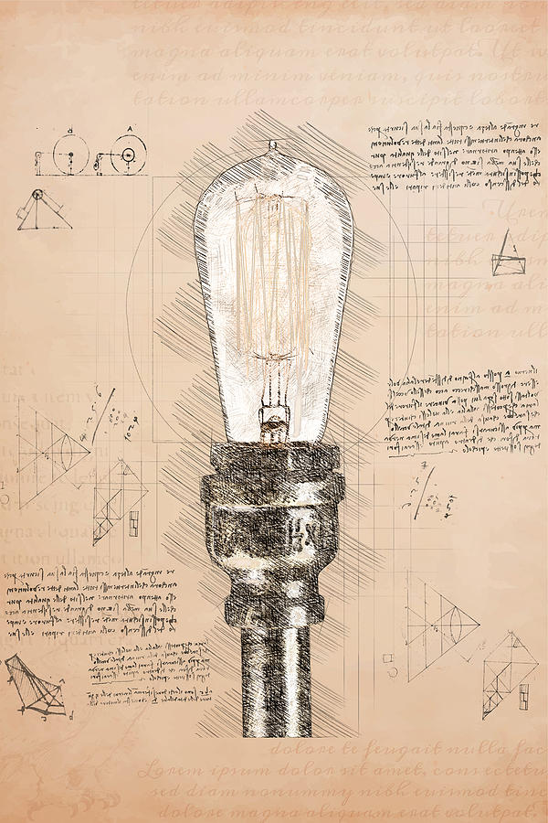 Leonardo Da Vinci Lampe Licht Light Bulb Zeichnung Virtual Digital Poster Wanddeko Vintage