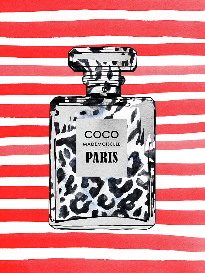 Leopard Print Perfume Bottle On Red Stripes Background Digital Art