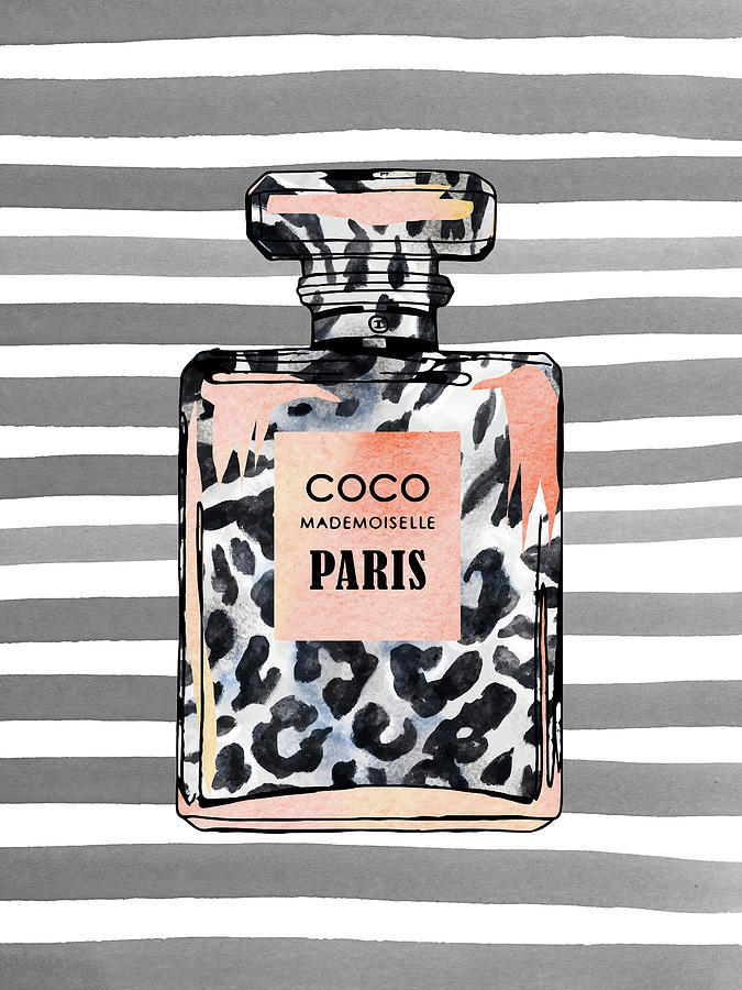 Leopard Print Perfume Bottle On Striped Background Digital Art