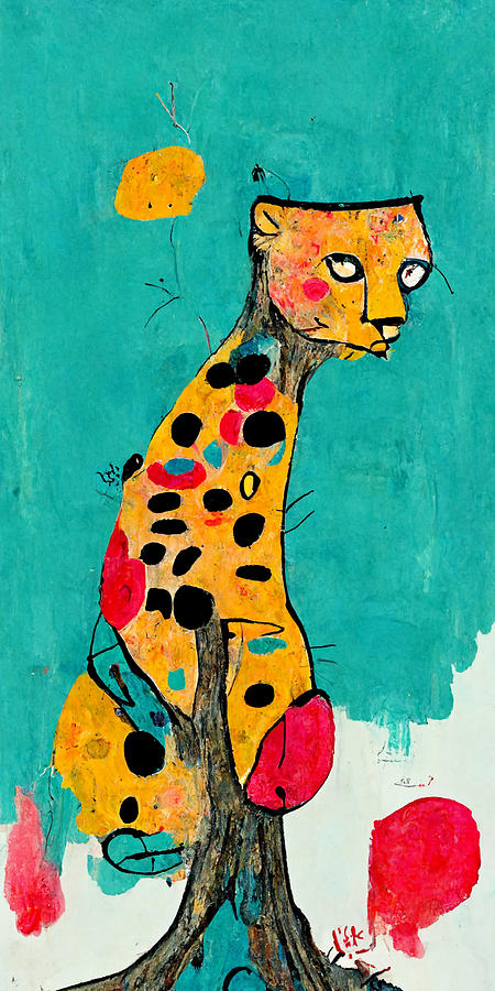 leopard  sitting  in  a  tree  gold  turquoise  red  hi  by Asar Studios Digital Art