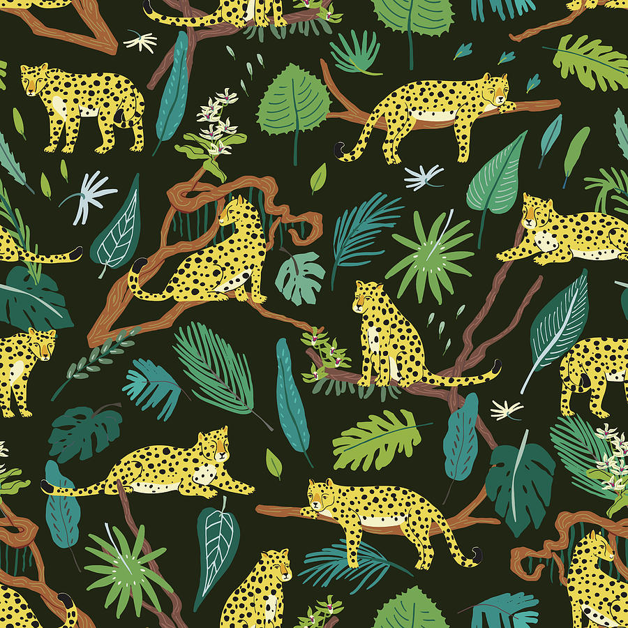 Leopards wild animals in jungle forest hand drawn seamless pattern ...