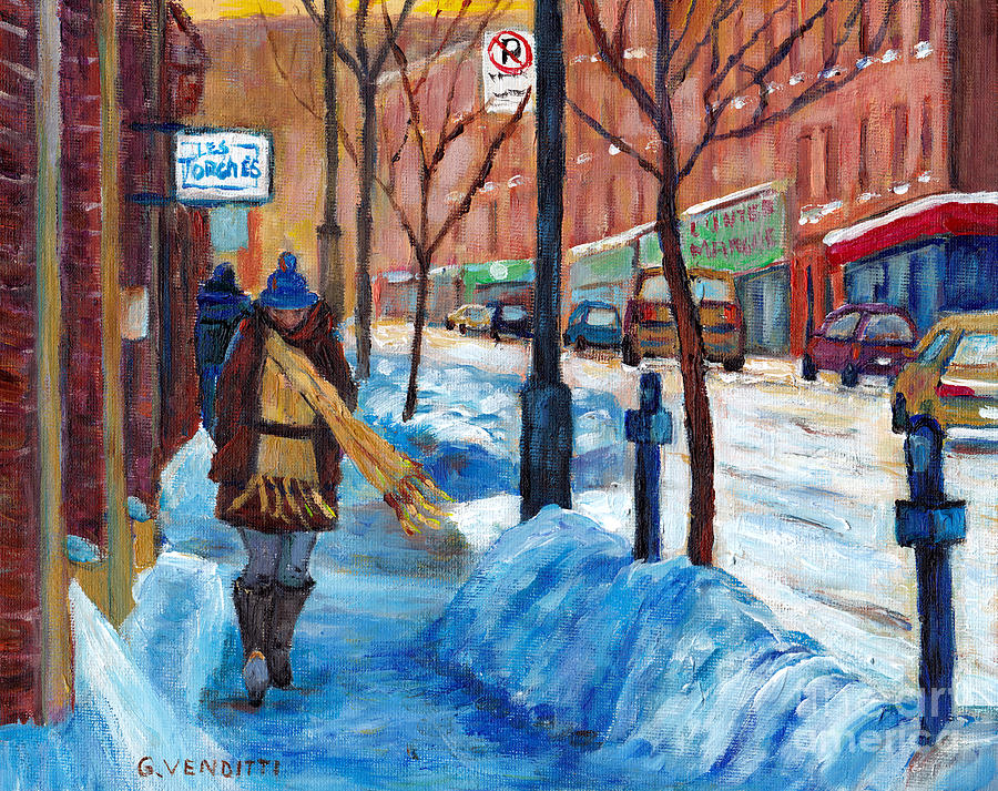 Les Torches Taverne Resto Bar And Grill Montreal Winter Scene Painting Plateau Mont Royal G Venditti Painting by Grace Venditti