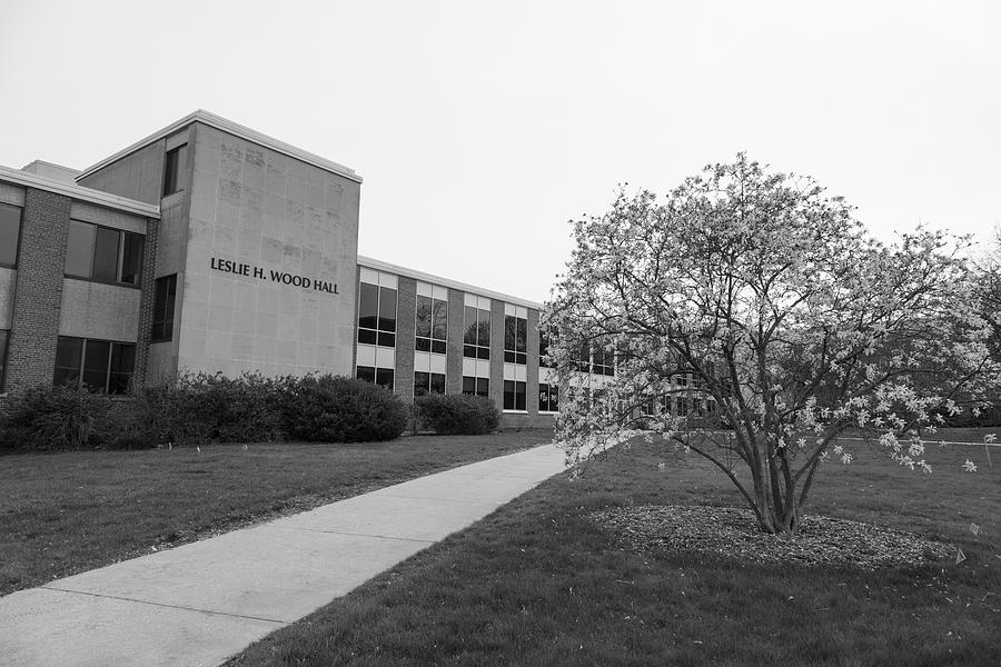 Leslie H. Wood Hall at Western Michigan University in black and white Photograph by Eldon McGraw