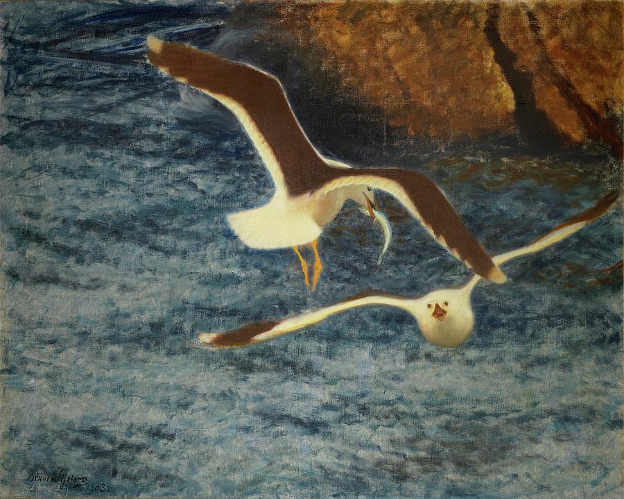 Bruno Andreas Liljefors Painting - Lesser Black-backed Gulls Flying by Art Dozen