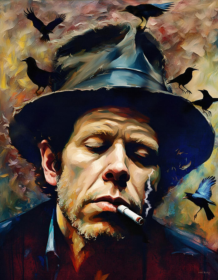 Music Mixed Media - Let the crows pick me clean but for my hat Tom Waits by Mal Bray