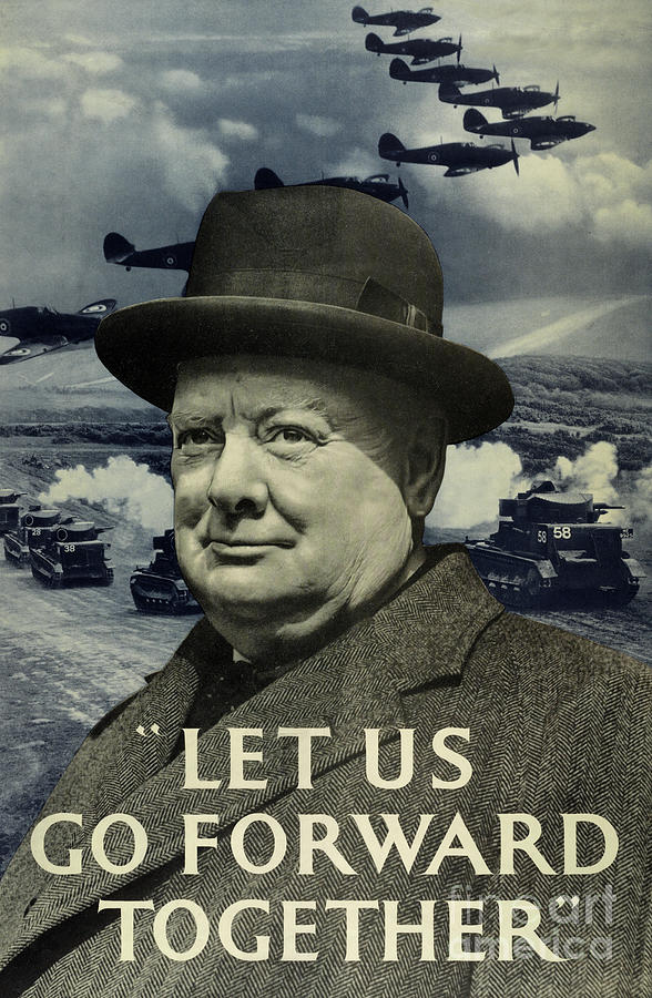 Let us go forward together, Churchill WW2 vintage poster Painting by British School