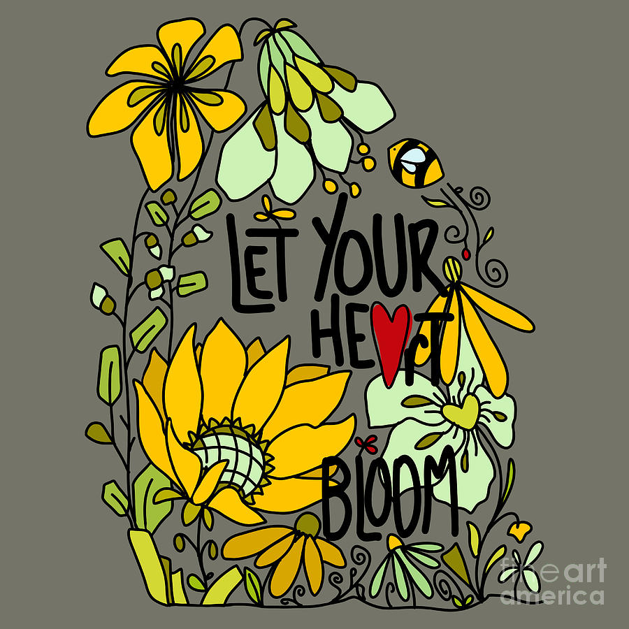 Let Your Heart Bloom - Mint Green and Yellow and Black Line Art Digital Art by Patricia Awapara