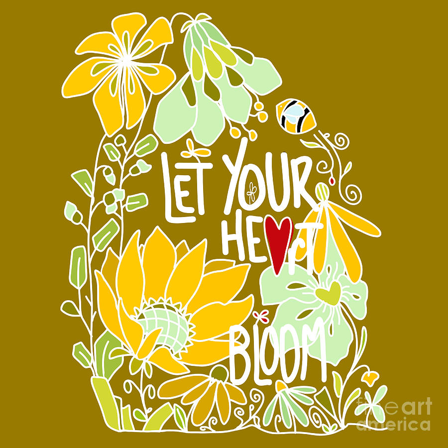 Let Your Heart Bloom - Mint Green and Yellow and White Line Art Digital Art by Patricia Awapara