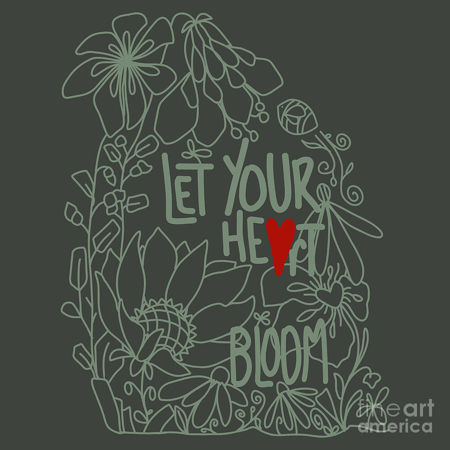 Let Your Heart Bloom - Olive Green Line Art Digital Art by Patricia Awapara