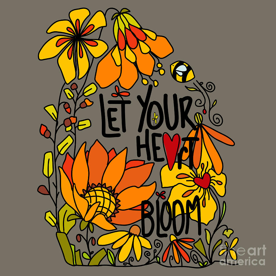 Let Your Heart Bloom - Orange Green and Yellow and Black Line Art Digital Art by Patricia Awapara