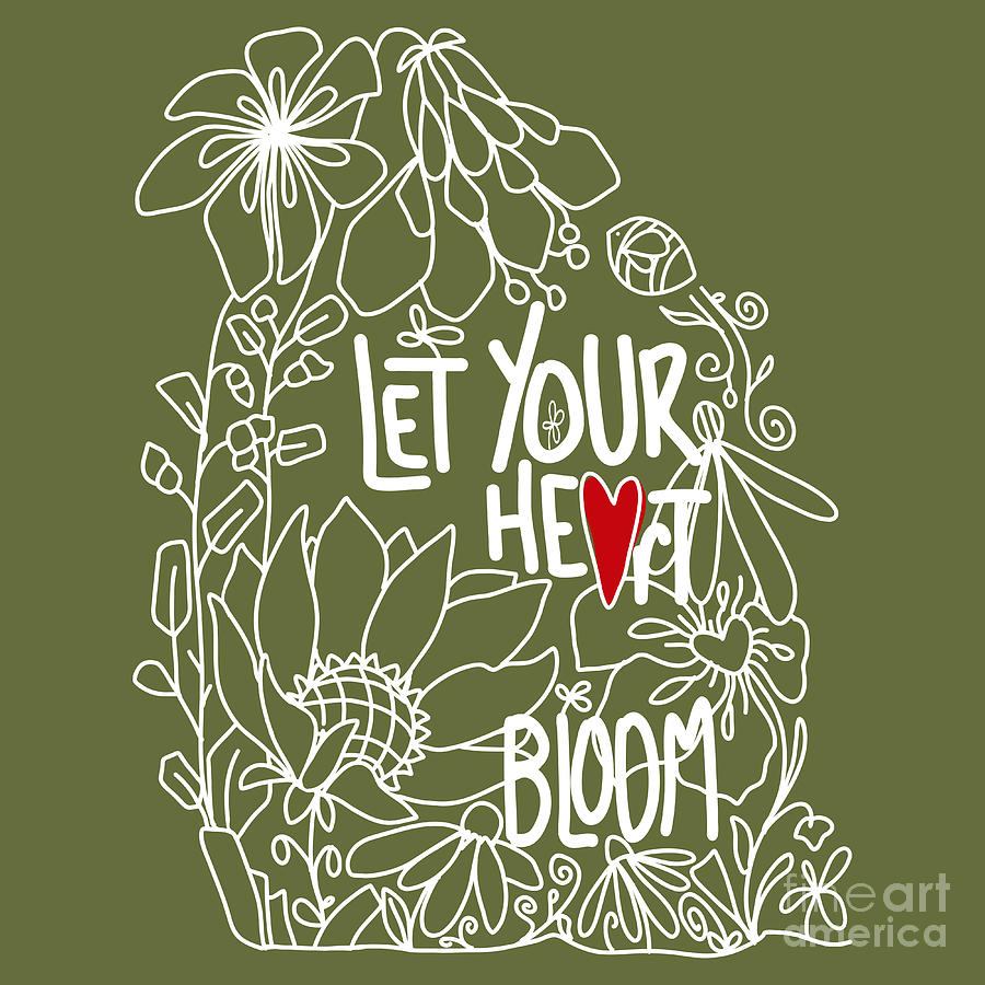 Let Your Heart Bloom - Safari Green and White Line Art Digital Art by Patricia Awapara