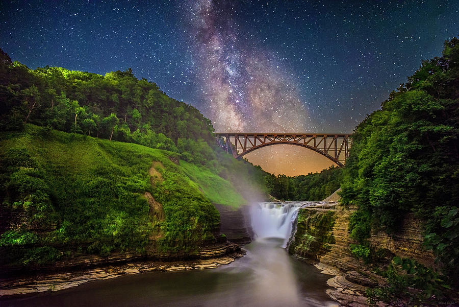 Letchworth State park Upper Falls And The Milky Way Photograph by Mark Papke