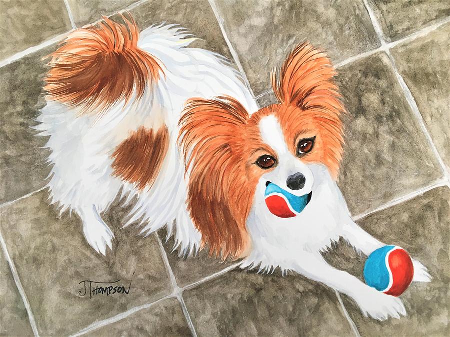 Papillon Painting - Lets Play Fetch by Judy Thompson Papillon Painting - Lets Play Fetch by Judy Thompson