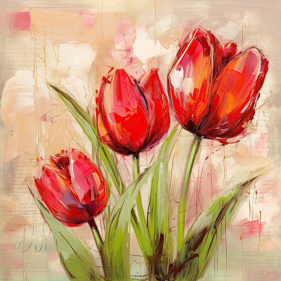 Spring Painting - Letters of Love - Impressionist Red Tulips by Lourry Legarde