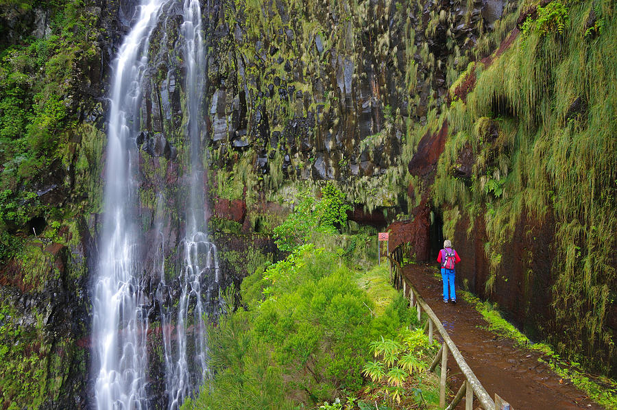 Levada pathway-Woman in Risco waterfall -Madeira island- Portugal Photograph by Iñigo Fdz de Pinedo