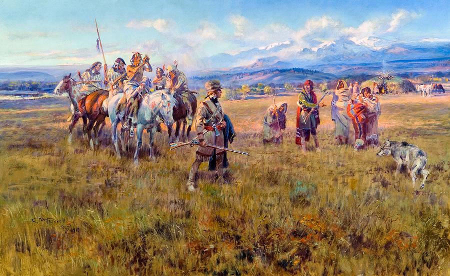 Lewis and Clark Reach Shoshone Camp Led by Sacajawea Painting by Charles Marion Russell