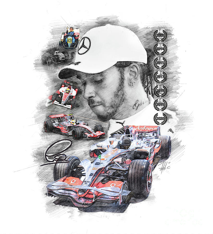 Lewis Hamilton Mercedes W06 mounted original pencil sketch signed by the  artist - Chequered Flag Collectables