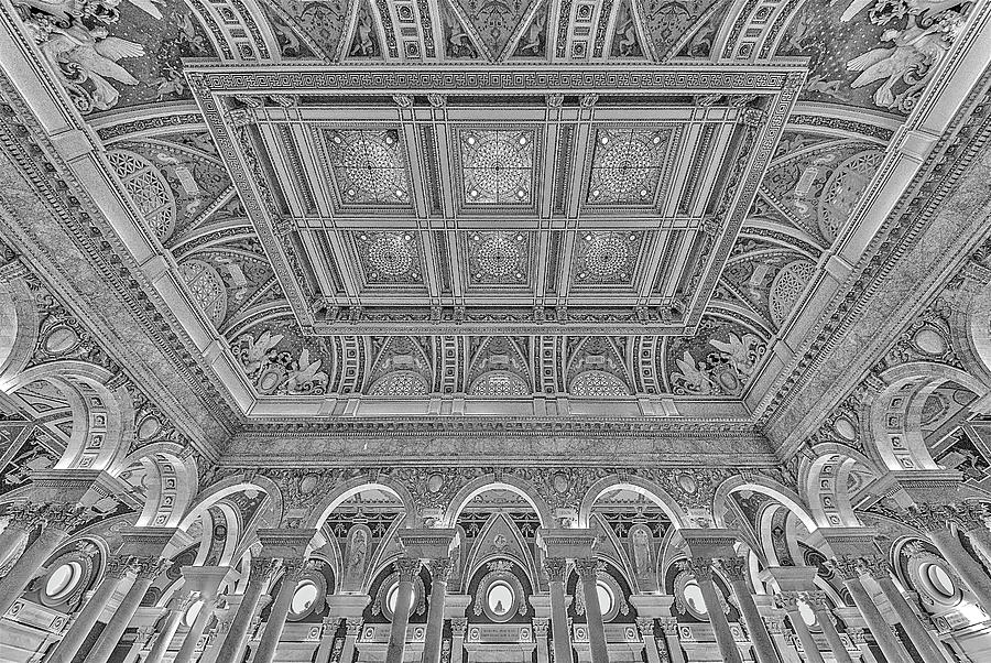 Library Of Congress Ceiling BW Photograph by Susan Candelario