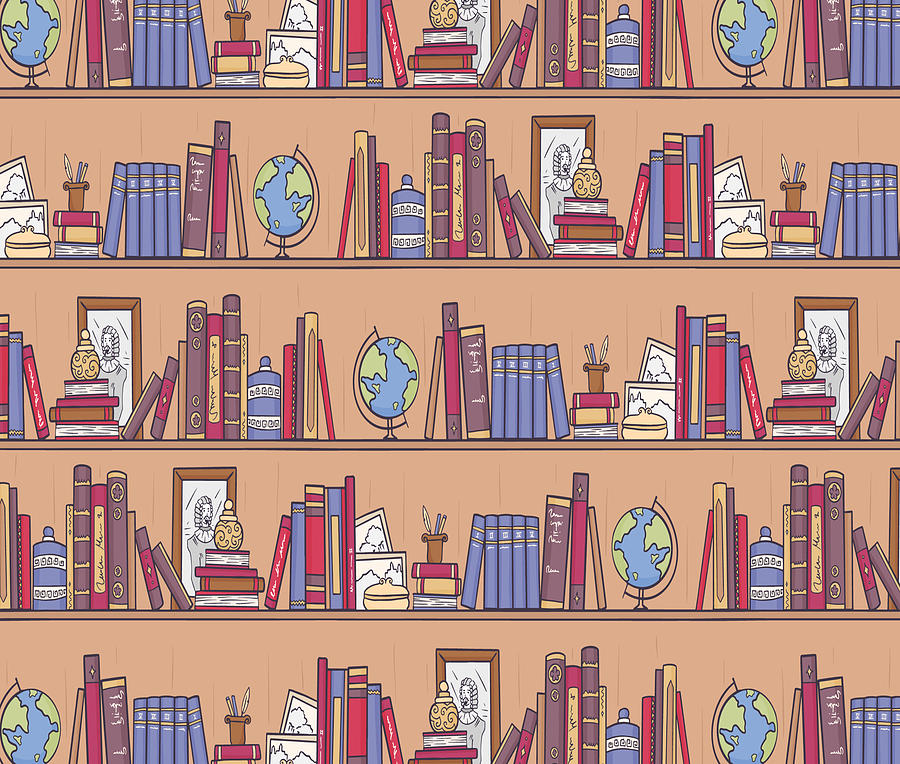 Library pattern with books and globes Tapestry - Textile by Norman W ...