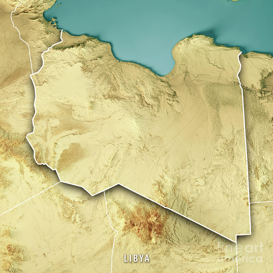 Desert Digital Art - Libya 3D Render Topographic Map Color Border by Frank Ramspott