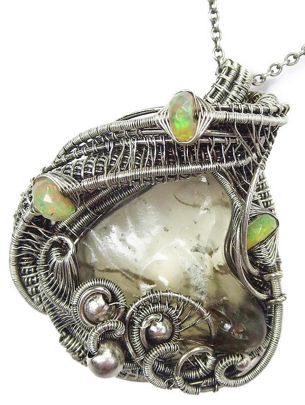 Libyan Desert Glass and Ethiopian Welo Opal Pendant, Wire-Wrapped in ...