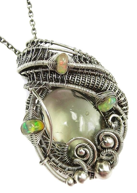 Libyan Desert Glass Wire-Wrapped Pendant with Ethiopian Welo Opals ...