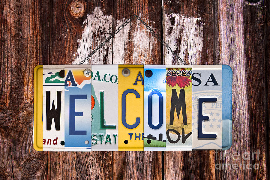 Vintage Mixed Media - License plates sign Welcome by Delphimages Photo Creations