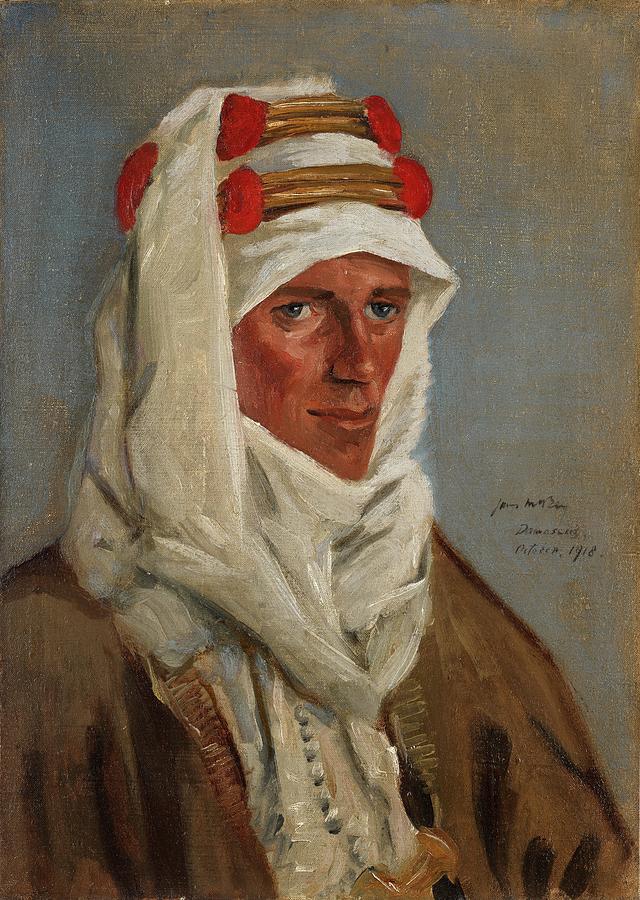 Lieutenant Colonel T E Lawrence, CB, DSO, 1918 A head and shoulders portrait of Lawrence in Arab hea Painting by MotionAge Designs