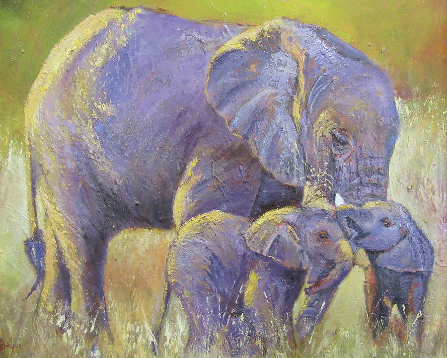 Elephants Together Painting by Mary Bridges