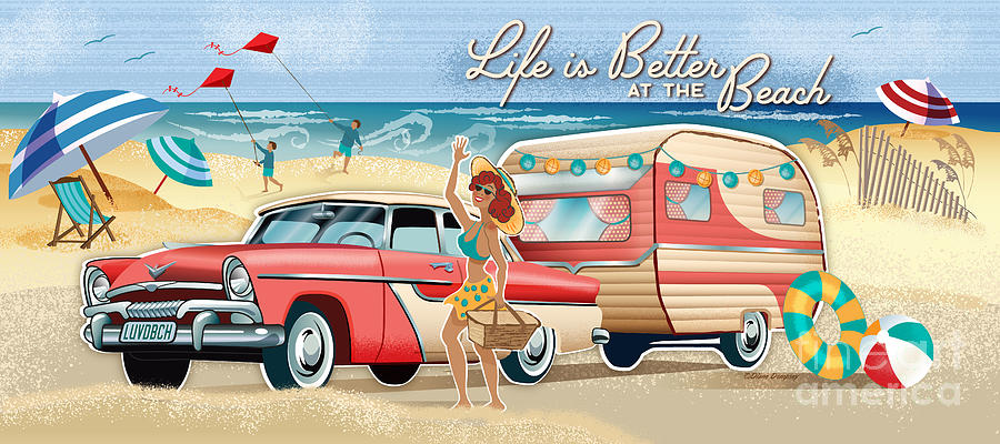 Life Is Better At The Beach Fun Retro Camper Scene Digital Art by Diane Dempsey