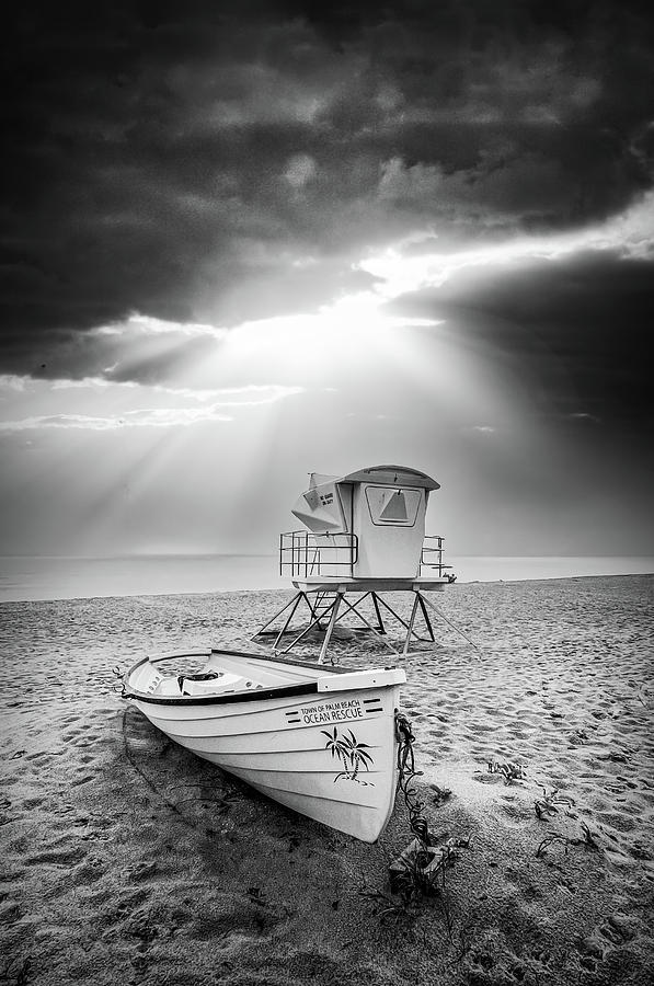 Lifeguard Boat at Palm Beach in Black and White Photograph by Debra and Dave Vanderlaan