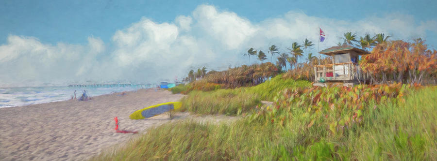 Lifeguard Stand in the Dunes Panorama Watercolors Painting Photograph by Debra and Dave Vanderlaan