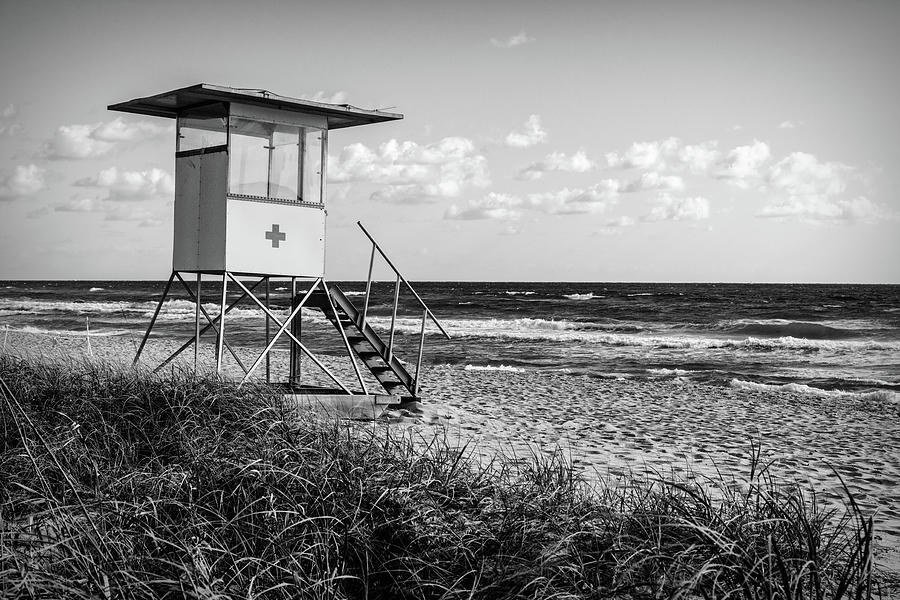 Lifeguard Stand on a Beautiful Morning Black and White Photograph by Debra and Dave Vanderlaan