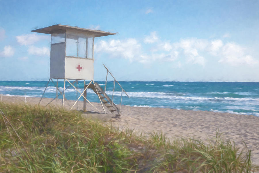 Lifeguard Stand on a Beautiful Morning Watercolors Painting Photograph by Debra and Dave Vanderlaan