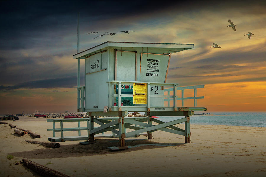 Lifeguard Station 2 on Cabrillo Beach with Flying Pelicans Photograph by Randall Nyhof