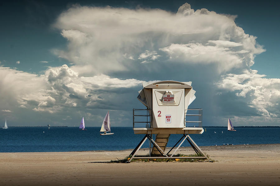 Lifeguard Station 2 on Cabrillo Beach with Sailboats and Large S Photograph by Randall Nyhof