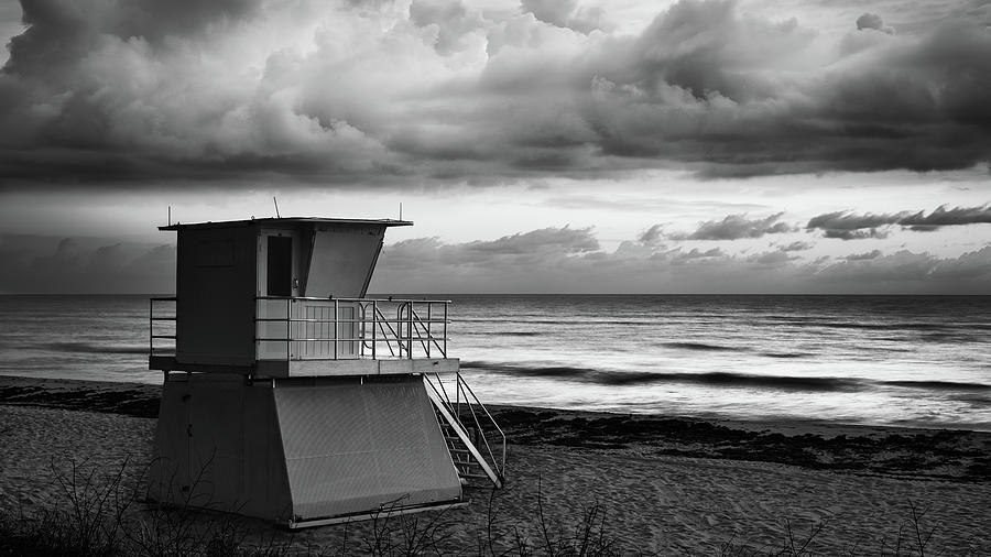 Lifeguard Tower at Juno Beach - black and white Photograph by Laura Fasulo